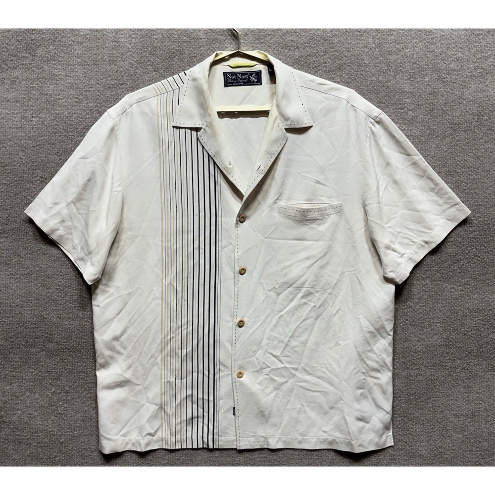 Nat Nast Men's Large 100% Silk Short Sleeve Button-Up Beige w/ Accent Pattern